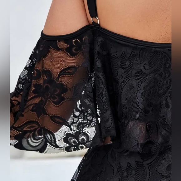 Plus Size Black Lace Off Shoulder High Waist  Tankini Set - Picture 3 of 7